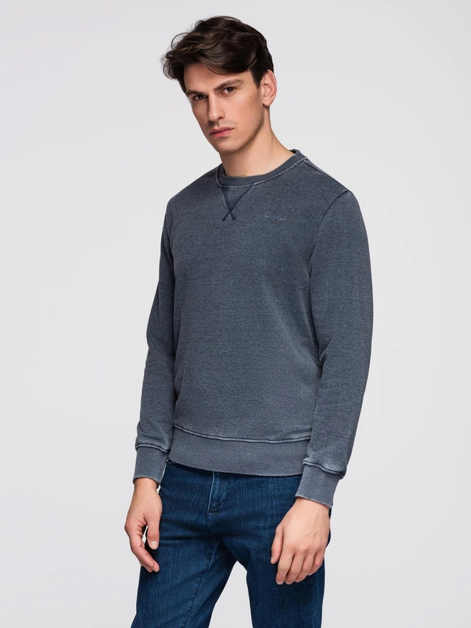 Washed men's sweatshirt with decorative stitching at the neckline - navy blue V4 OM-SSDS-0131