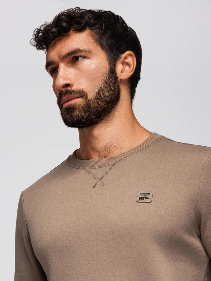 Classic men's sweatshirt with round neckline - light brown V3 OM-SSNZ-0243