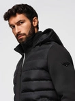 Quilted bomber jacket with hood and knitted sleeves - black V1 OM-JALP-0298