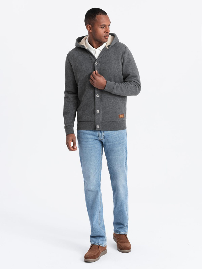 Men's button-down hooded sweatshirt - graphite melange V4 OM-SSZP-0186 