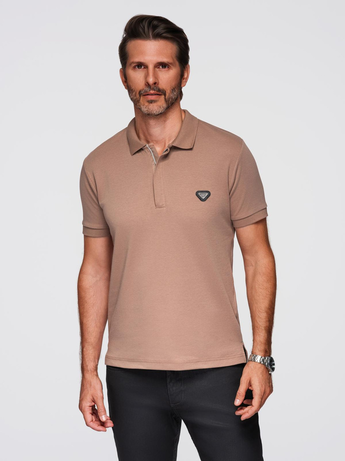 Men's polo shirt with zipper neckline - light brown V3 OM-POSS-0148