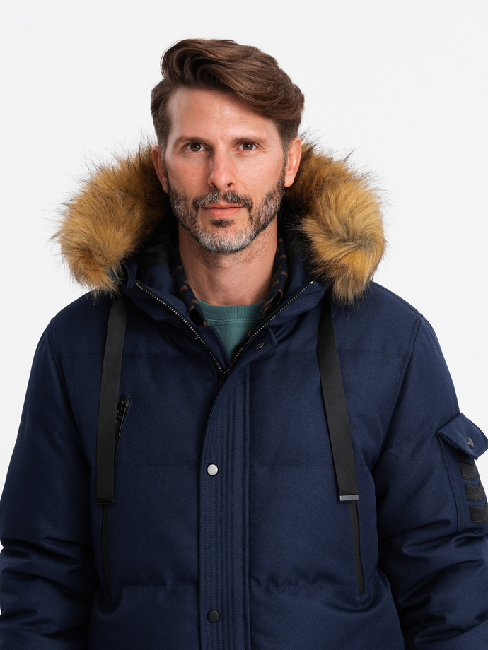 Men's long warm parka hooded jacket - navy blue V1 OM-JALJ-0182