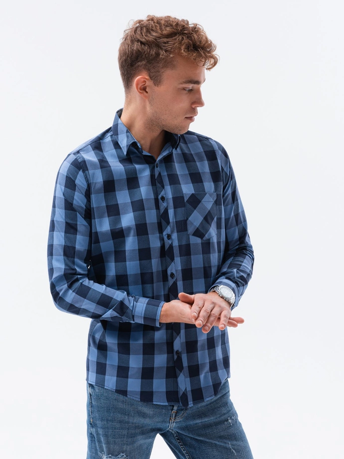 Men's check shirt with long sleeves - mėlyna/navy K282