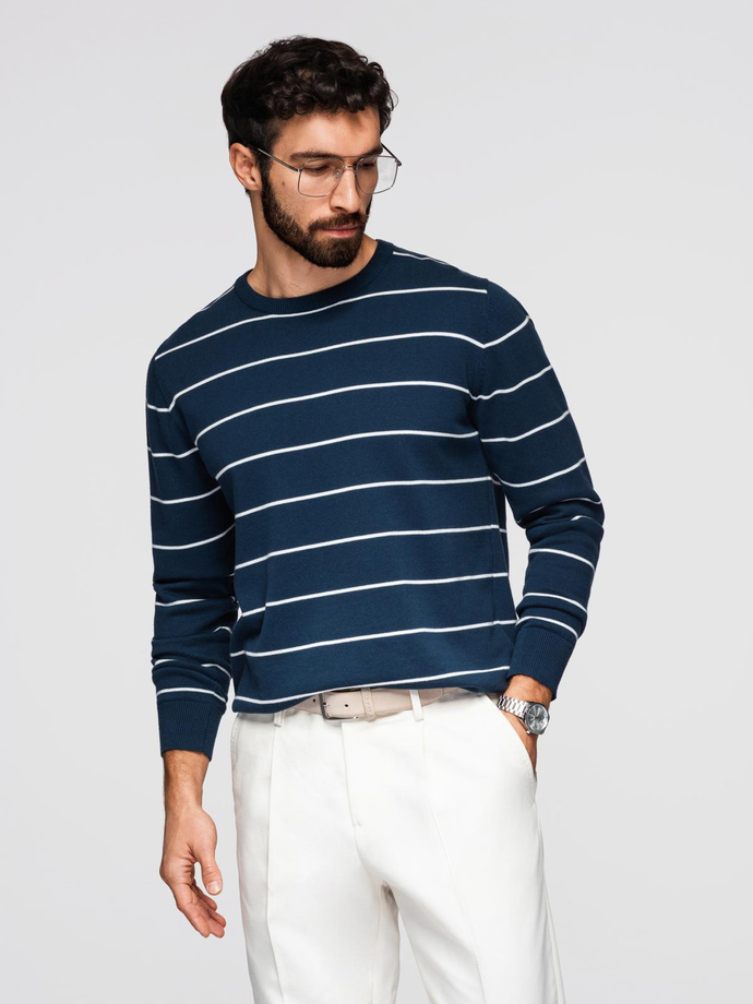 Pulover casual bărbătesc cu dungi orizontale - albastru marin V1 OM-SWSW-0143