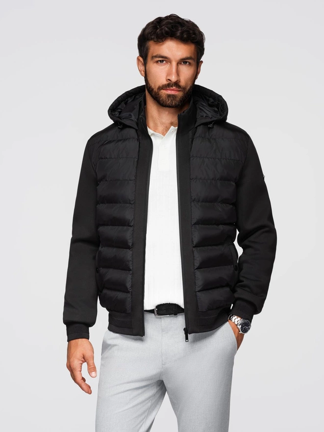 Jachetă bomber matlasată cu glugă și mâneci tricotate - negru V1 OM-JALP-0298