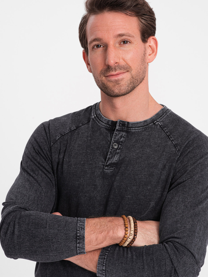 Men's wash henley longsleeve with raglan sleeves - black V1 OM-LSWL-22FW-001