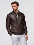 Men's imitation leather jacket with ribbed hem - dark brown V1 OM-JAFL-0109