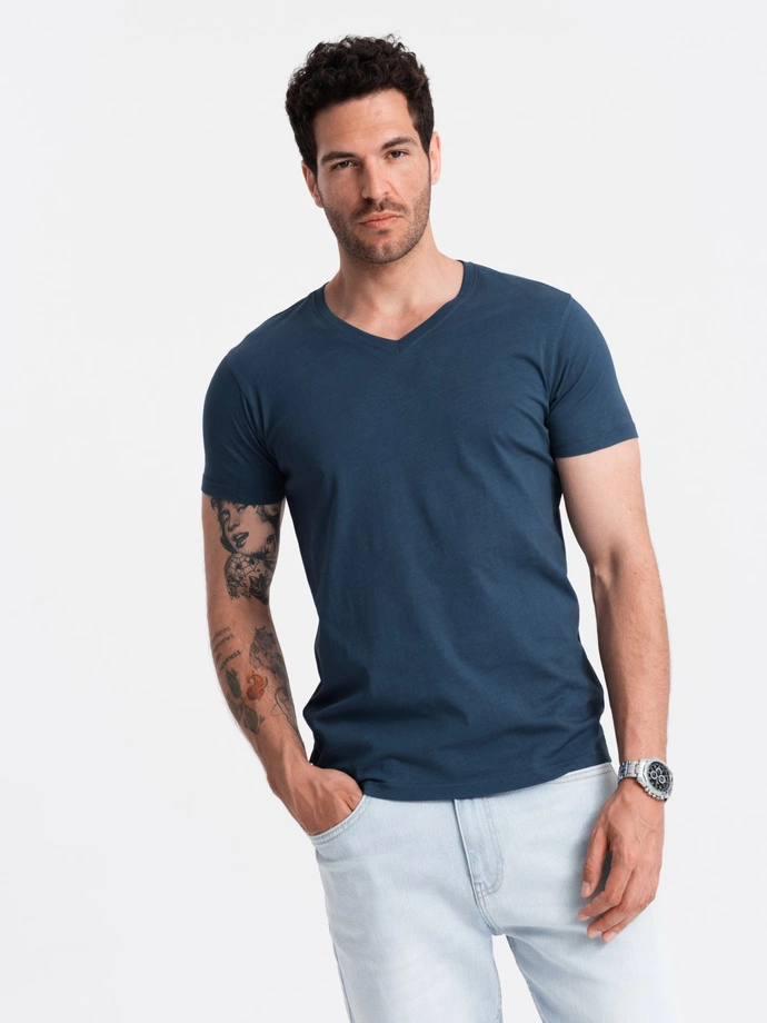 BASIC men's classic cotton T-shirt with a serape neckline - dark blue V13 OM-TSBS-0145