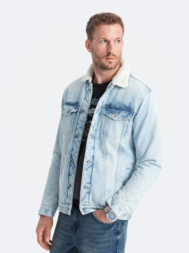 Jachetă din denim sherpa pentru bărbați - albastru deschis V2 OM-JADJ-0125