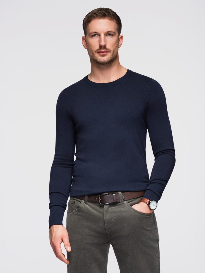 Classic men's sweater with round neckline - navy blue V9 OM-SWBS-0106