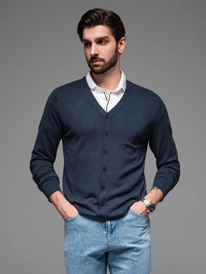 Knitted monochrome men's viscose cardigan - navy blue V1 OM-SWCD-0126