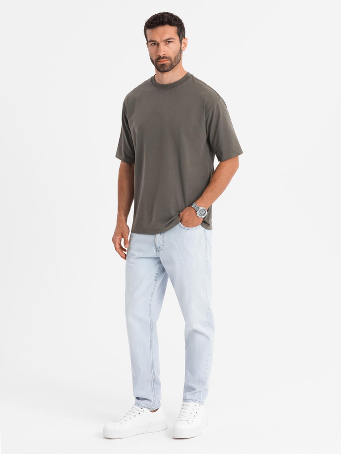 Men's LOOSE FIT cotton t-shirt with round neckline - dark olive V7 OM-TSBC-0234