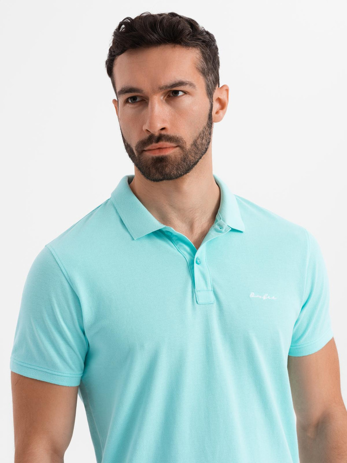 Tricou polo BASIC BASIC pentru bărbați, o singură culoare, din tricot piqué - verde neon V25 OM-POBS-0100