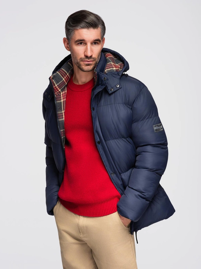 Jachetă puffer pentru bărbați cu căptușeală în carouri - albastru marin V1 OM-JAHP-0205
