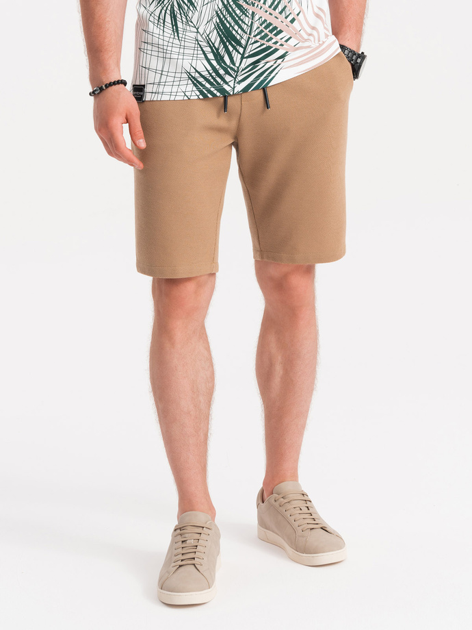 Men's knitted shorts with decorative elastic waistband - light brown V4 OM-SRCS-0110