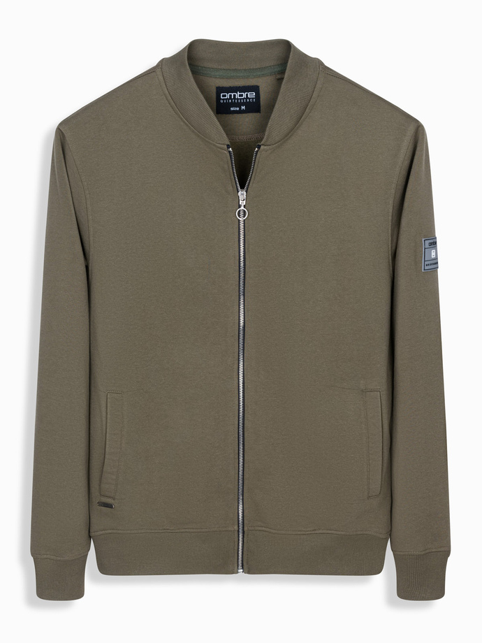 Bavlnená pánska mikina na zips bomber - khaki V1 OM-SSZP-0215