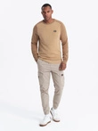 Men's cotton sweater with patch and raglan sleeves - brown V4 OM-SWSW-0121
