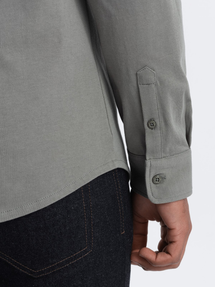 Cămașă bărbătească din bumbac REGULAR din tricot jerseu simplu - kaki deschis V4 OM-SHCS-0138