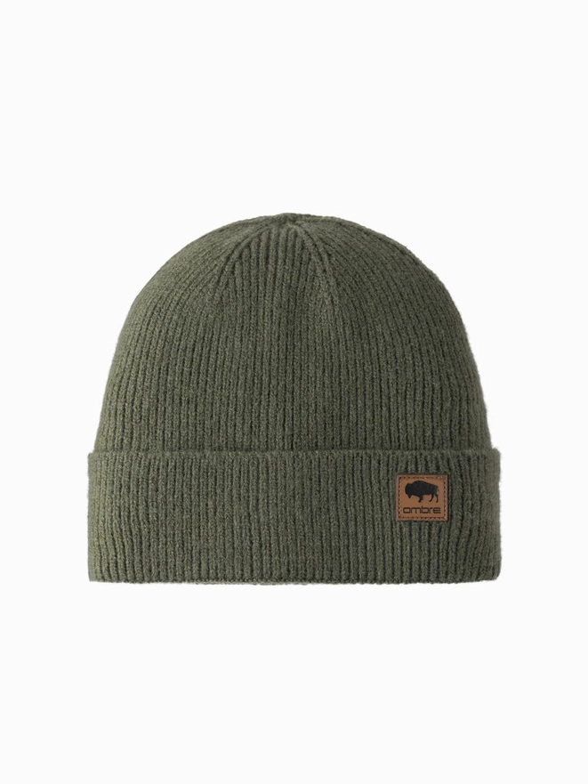 Men's knitted beanie cap with patch - olive V4 OM-ACWH-0123