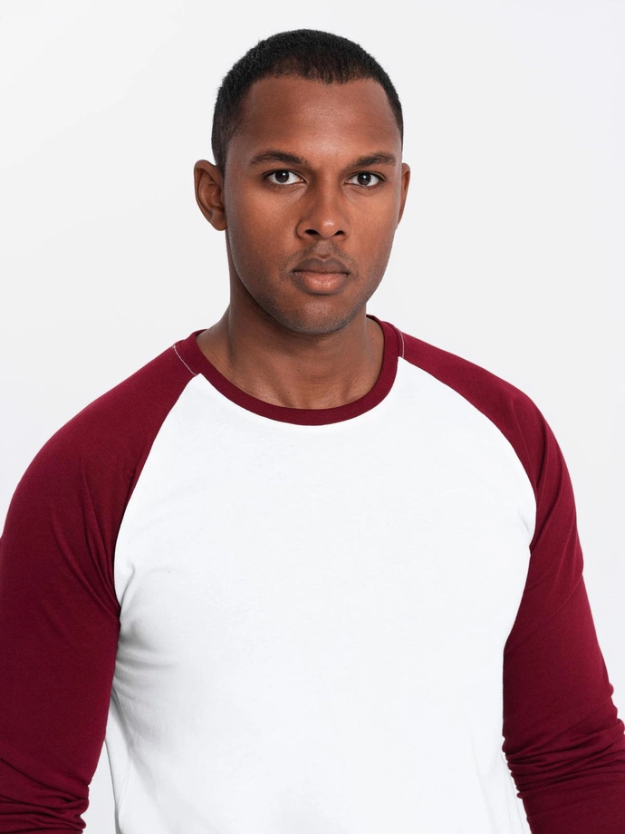 Men's longsleeve with contrasting raglan sleeves - white and maroon V2 OM-LSCL-0105
