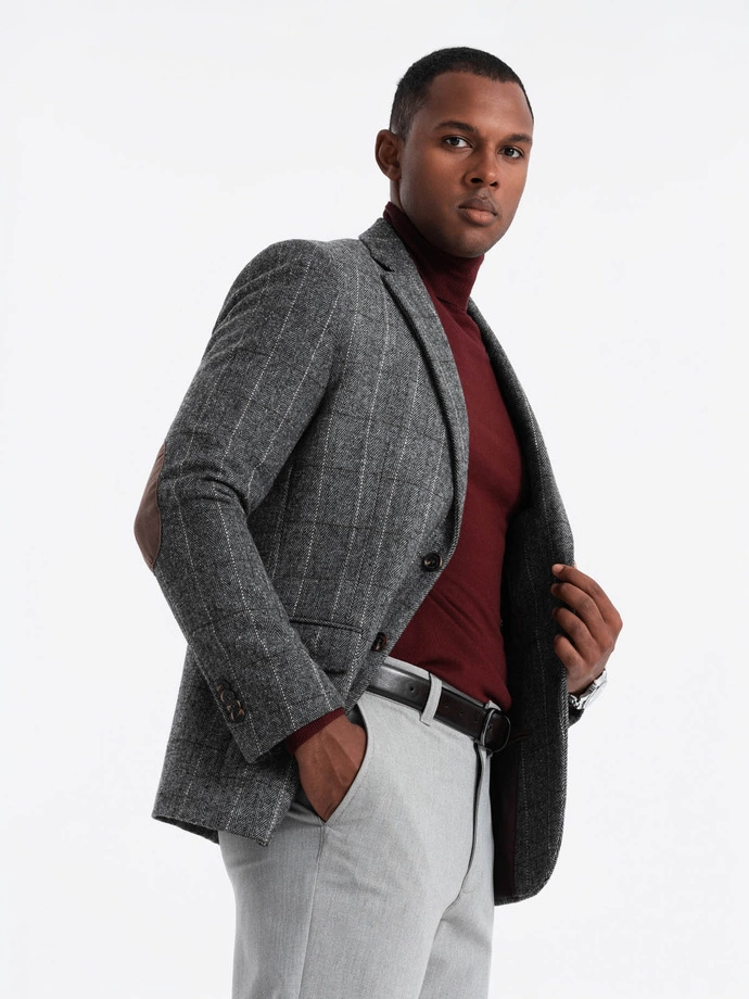 Elegant men's plaid blazer with wool blend - grey V1 OM-BLZB-0137