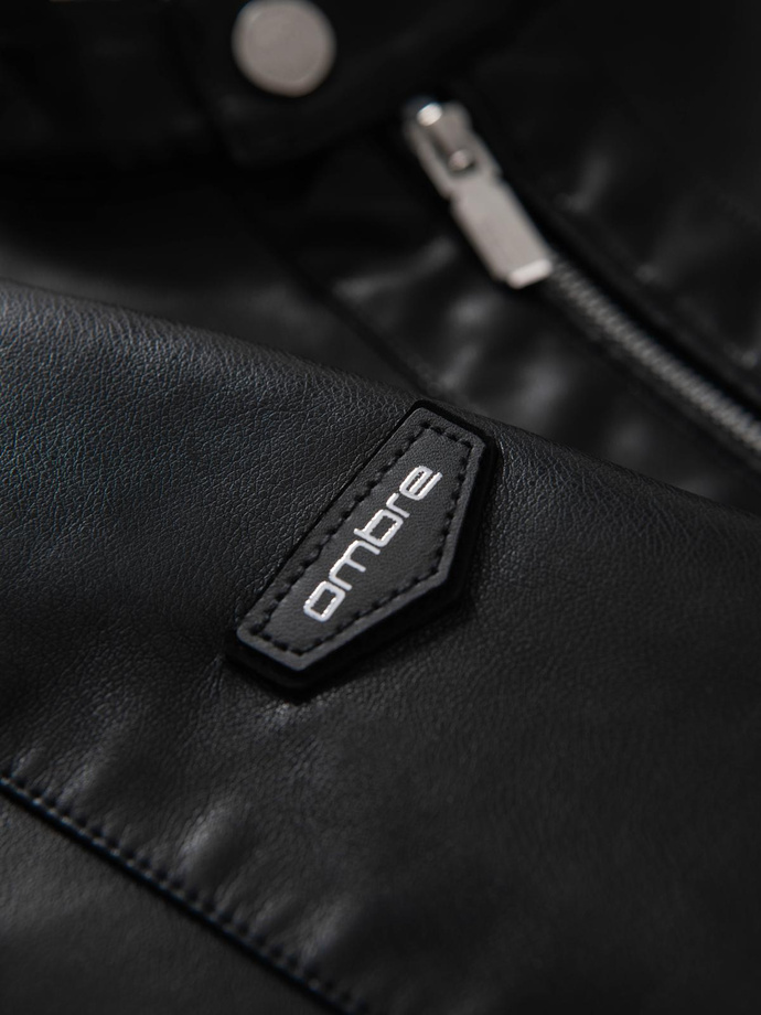 Vyriška dirbtinės odos striukė su briaunuotais kraštais - juoda V2 OM-JAFL-0109