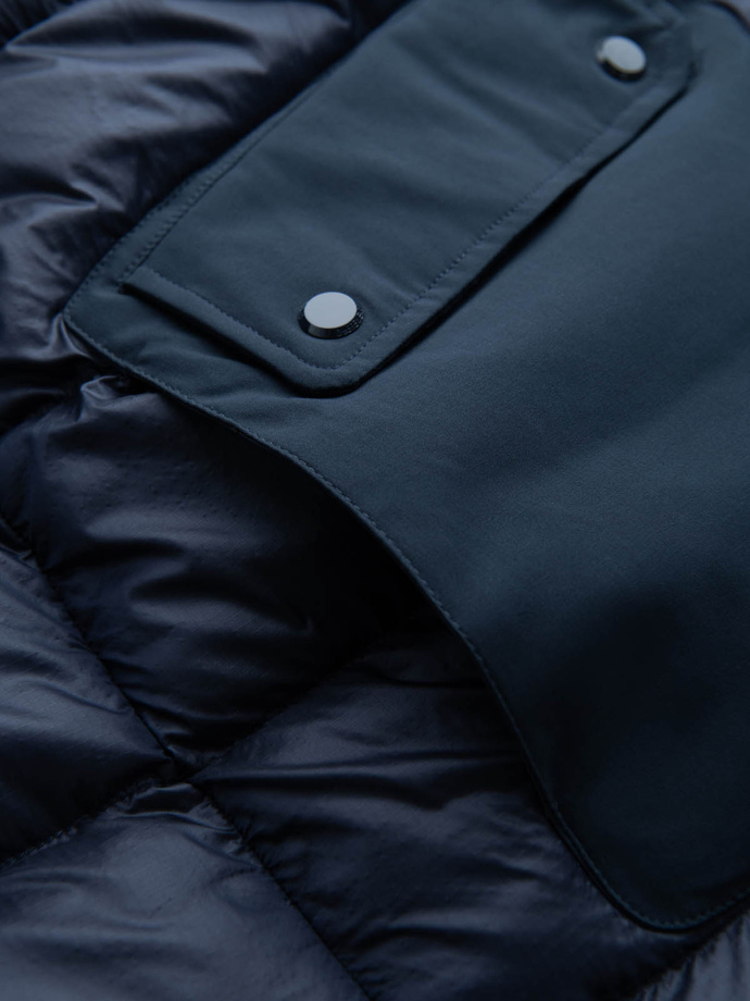 Vyriška dygsniuota ilga striukė su didelėmis kišenėmis - tamsiai mėlyna V4 OM-JALJ-0165