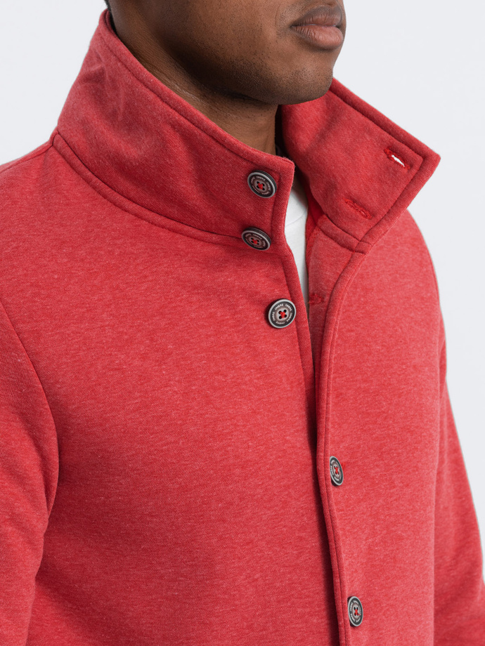 Men's casual sweatshirt with button-down collar - red melange V3 OM-SSZP-0171