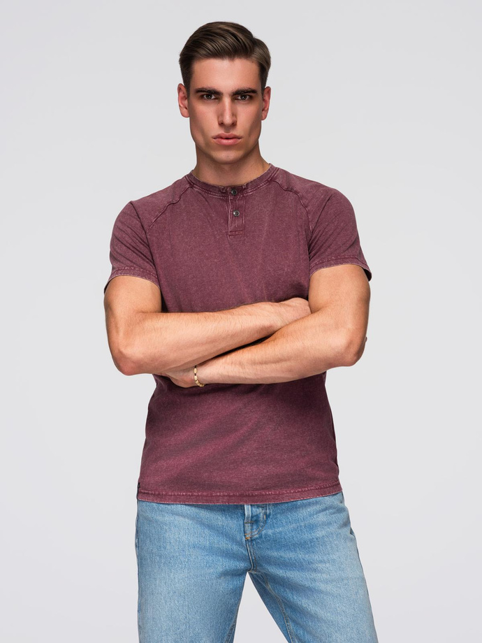 Tricou pentru bărbați cu efect de spălare și nasturi la decolteu - burgundy V3 OM-TSWT-0150