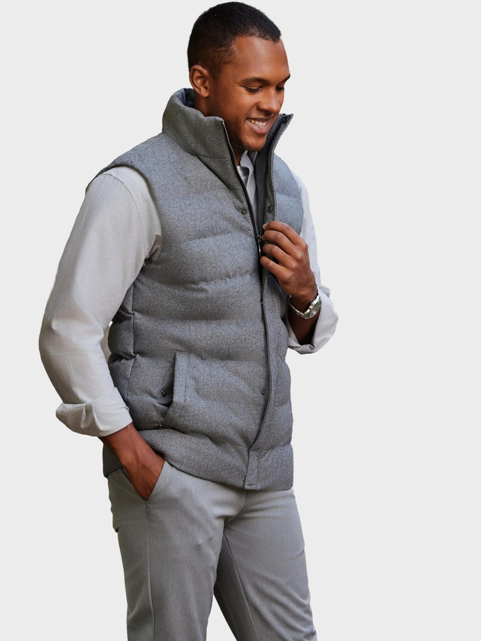 Men's quilted wool sleeveless jacket - grey melange V1 OM-JAVJ-0200