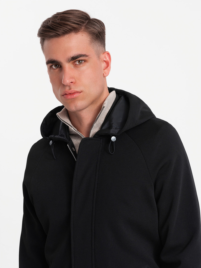 Men's hooded coat in fine pinstripe - black V2 OM-COSC-0112