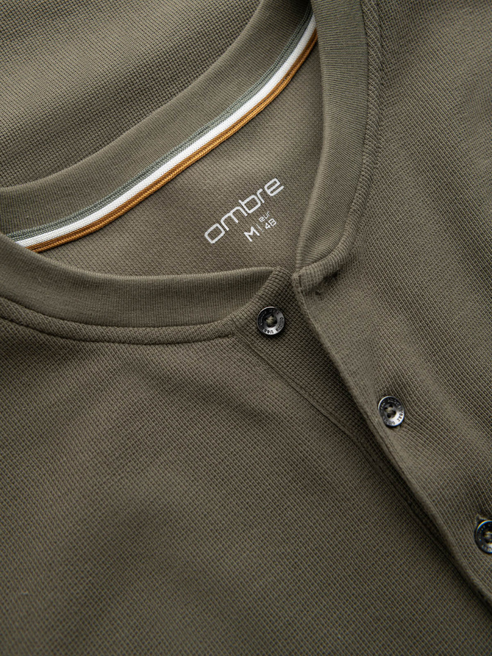 Vyriška vaflinio trikotažo striukė su užtrauktuku ir ilgomis rankovėmis - alyvinė V1 OM-LSCL-0120