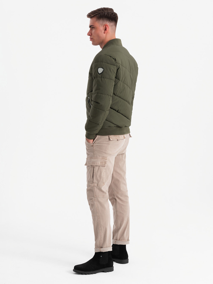 Men's quilted bomber jacket with metal zippers - dark olive green V3 OM-JALP-0143