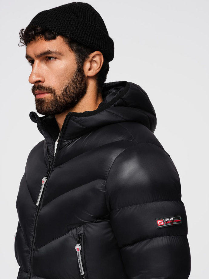 Modern quilted men's jacket of combined materials - black V1 OM-JAHP-0303
