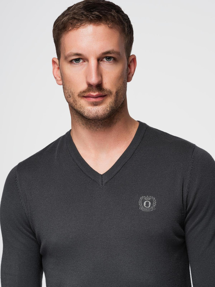 Elegantný pánsky sveter s výstrihom - grafitový V17 OM-SWBS-0107