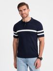 Tricou polo bărbătesc din tricot moale cu dungi contrastante - albastru marin V2 OM-POSS-0118