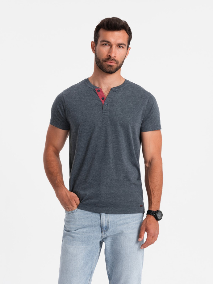 Tricou bărbătesc cu decolteu rotund henley - albastru marin V5 OM-TSCT-0155