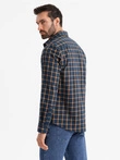Vyriški SLIM FIT languoti flaneliniai marškiniai - tamsiai mėlyni ir oranžiniai V1 OM-SHCS-0145