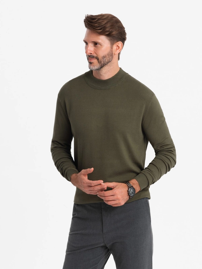 Men's knitted half turtleneck with viscose - dark olive V7 OM-SWTN-0100