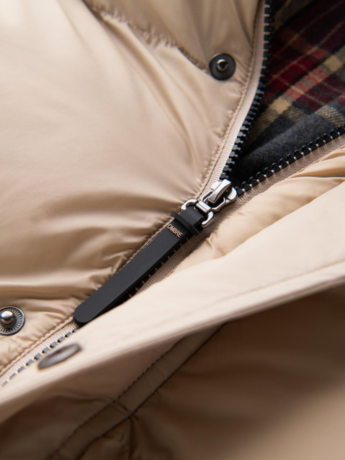 Men's puffer jacket with check lining - beige V2 OM-JAHP-0205