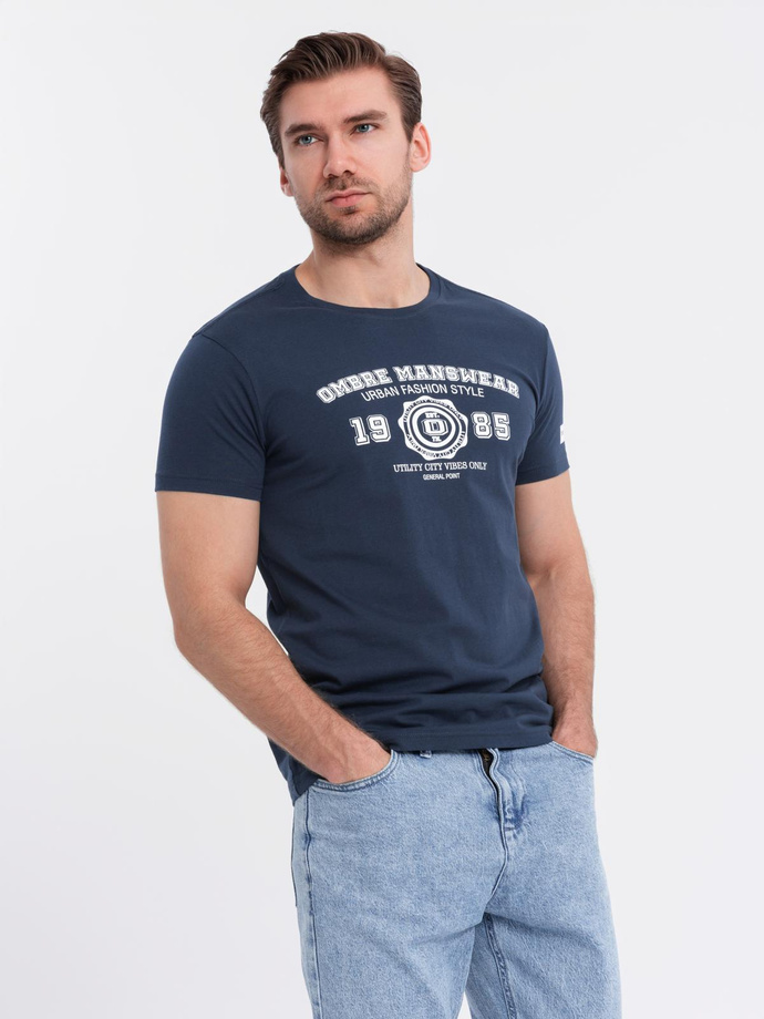 Men's cotton t-shirt with college style print - navy blue V3 OM-TSPT-0137