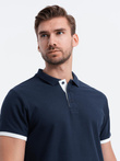 Men's cotton polo shirt with contrast trim - navy blue V4 OM-POSS-0113
