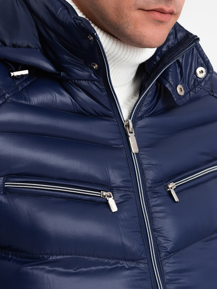 Heavily insulated quilted men's jacket with detachable hood - navy blue V2 OM-JAHP-22FW-010