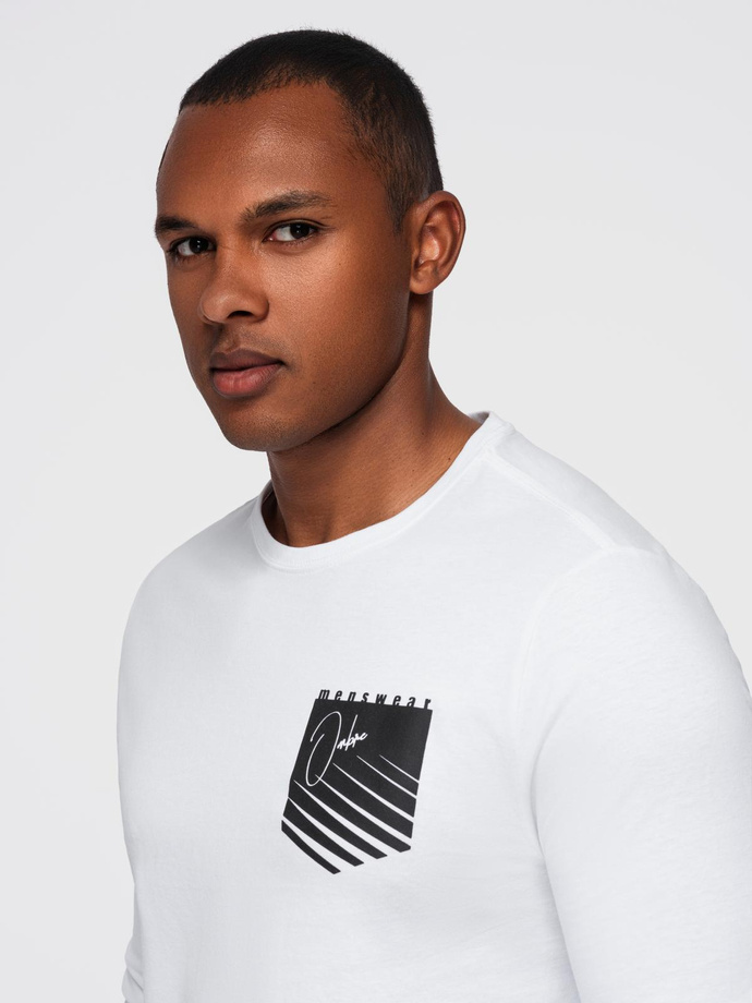 Vyriški marškinėliai su kišenėmis ir ilgomis rankovėmis - balti V1 OM-LSPT-0118