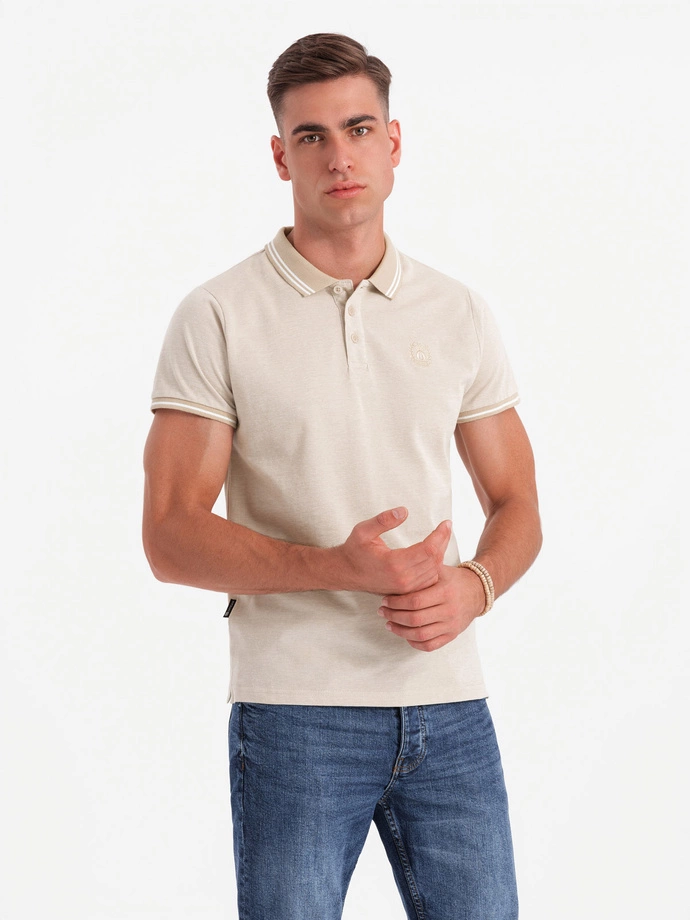 Men's melange polo shirt with striped collar - sand V4 OM-POSS-0109