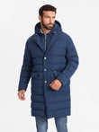 Men's long quilted jacket with lapels and lining - dark blue V1 OM-JALJ-0177