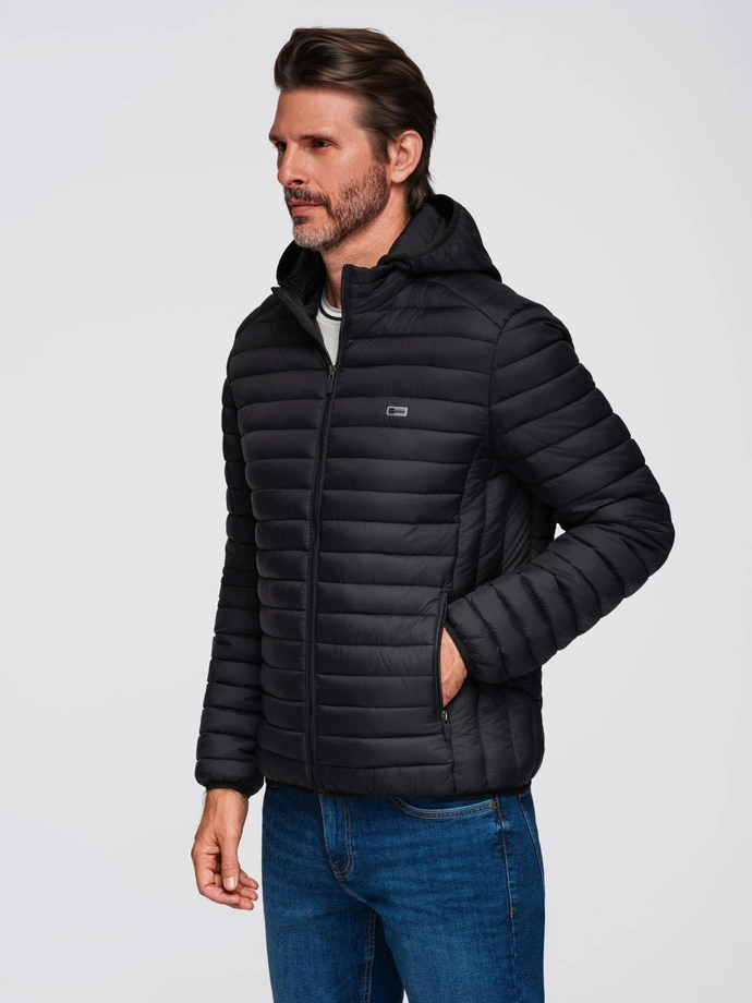 Classic men's quilted jacket with pouch option - black V1 OM-JALP-0295