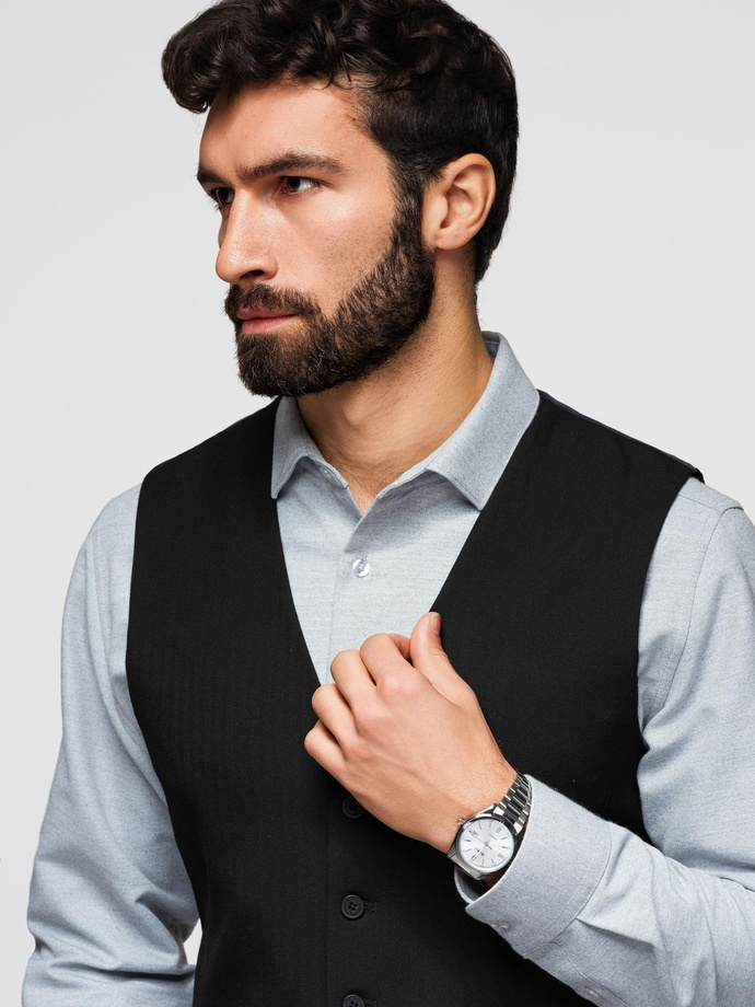 Elegantní pánská vesta SLIM FIT ve tvaru rybí kosti - černá V3 OM-BLZV-0143