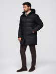 Men's long quilted jacket with hood - black V1 OM-JALJ-0264