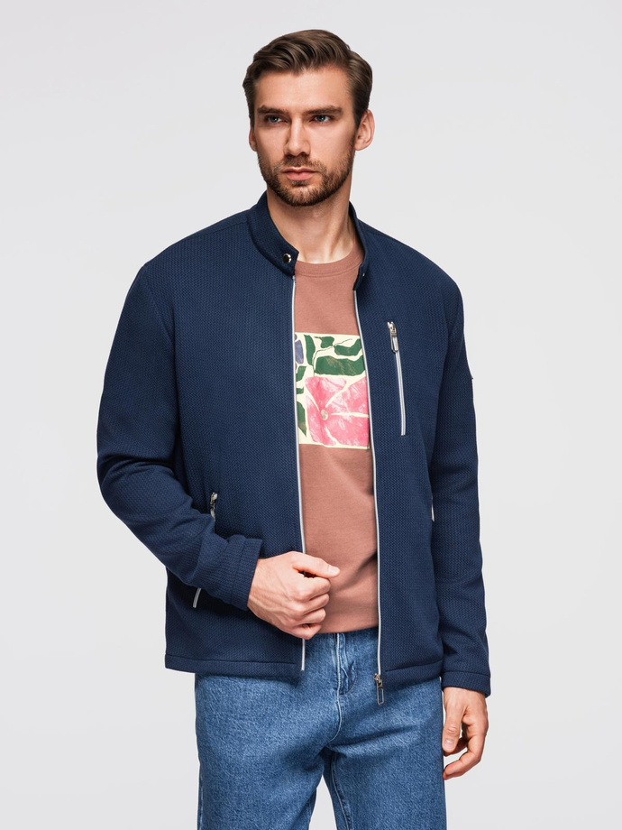 Structured men's biker jacket with stand-up collar - dark blue V1 OM-JANP-0229